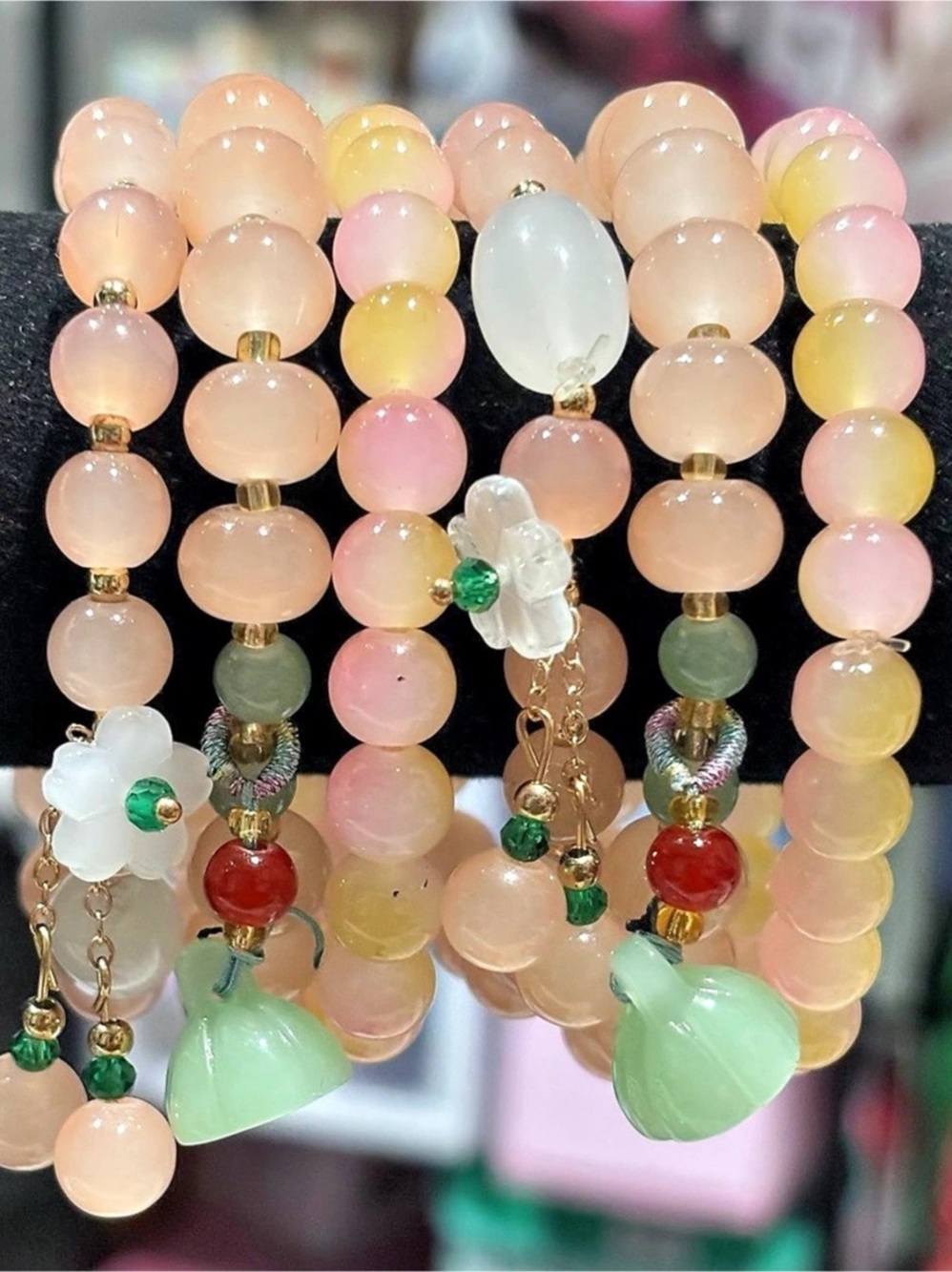 Beaded Charm Bracelet Set in Pink & Green